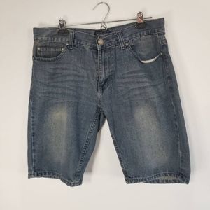 Premium One Touch Brand Mens Jean Shorts Blue Whiskered Pockets Flat Front 34